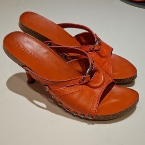 Diesel Style Lab Women's Orange Leather & Cork Heeled Mules (US 7.5/EU 38)